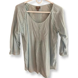 J. Jill Petite Small Light Blue Linen Blend Shirt 3/4 Sleeve Crochet Details